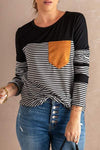 Pocketed Striped Round Neck T-Shirt Black Women's T-Shirts - Tophatter Daily Deals