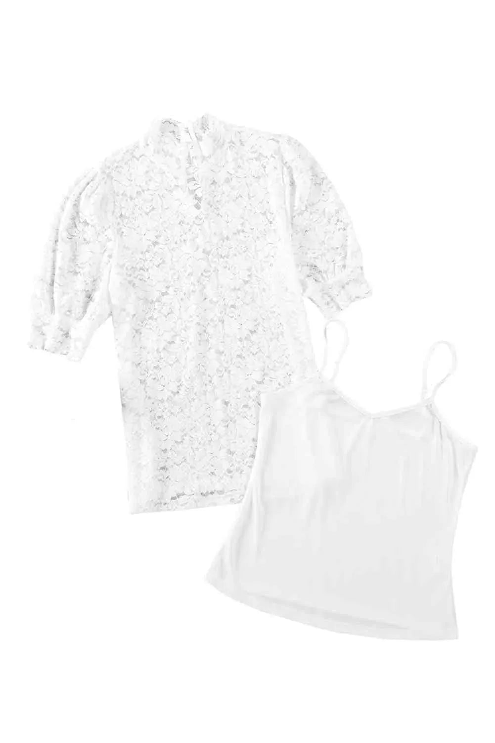 Lace Scalloped Short Puff Sleeve Top Blouses - Tophatter Daily Deals
