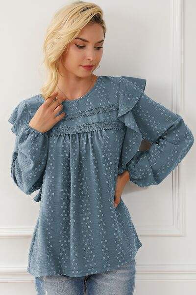 Round Neck Ruffled Blouse Blouses - Tophatter Daily Deals