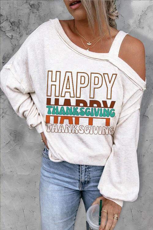 Letter Graphic Asymmetrical Neck Long Sleeve Top White Women's T-Shirts - Tophatter Daily Deals