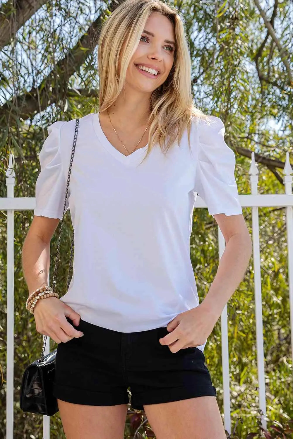 Puff Sleeve V-Neck Tee White Blouses - Tophatter Daily Deals