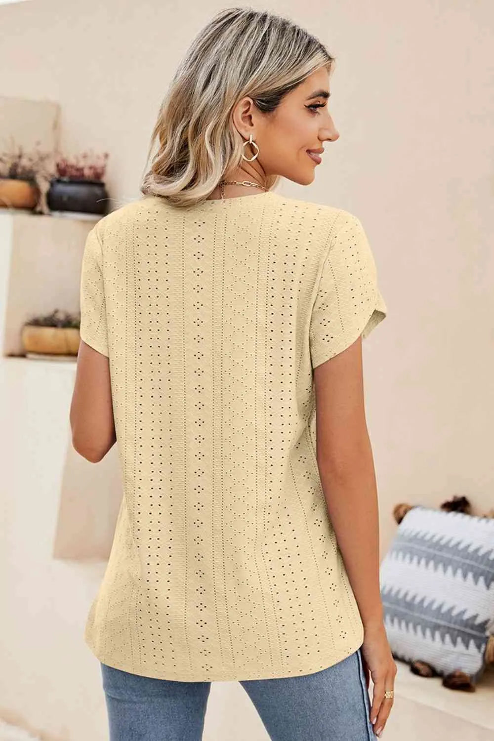 Eyelet Petal Sleeve V-Neck Knit Top Blouses - Tophatter Daily Deals