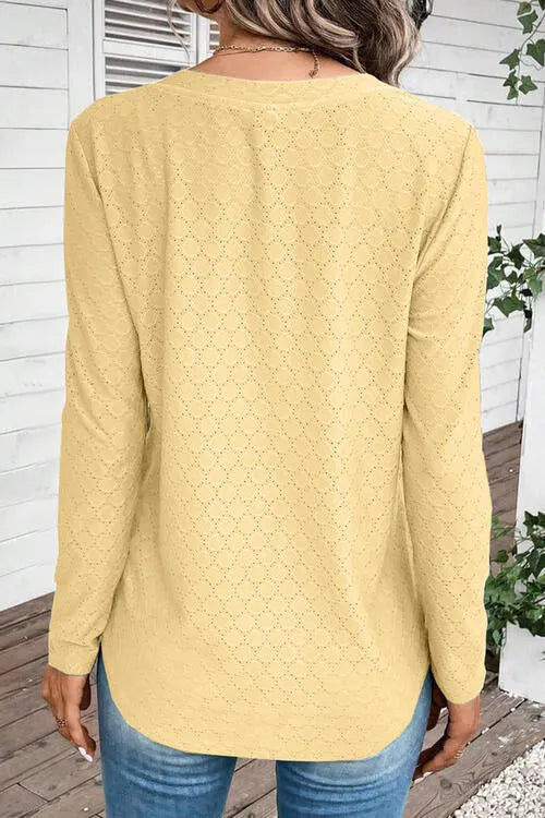 Eyelet V-Neck Long Sleeve T-Shirt Women's T-Shirts - Tophatter Daily Deals