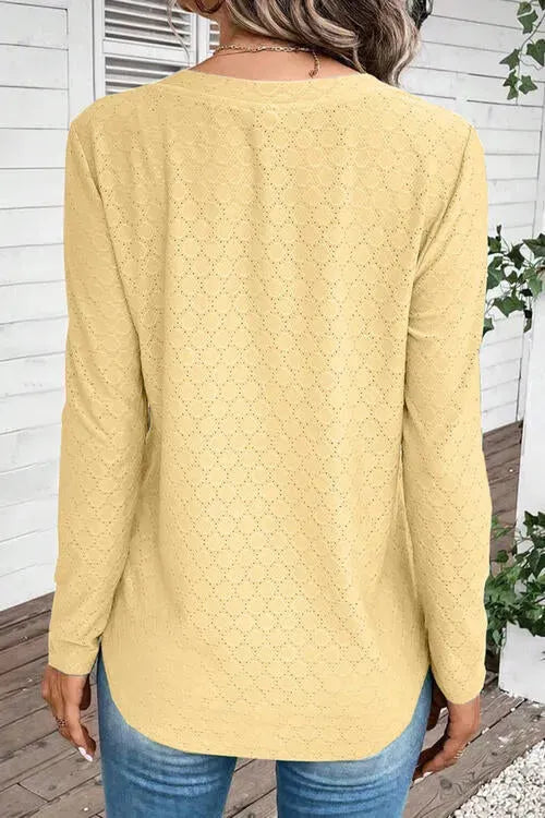 Eyelet V-Neck Long Sleeve T-Shirt Women's T-Shirts - Tophatter Daily Deals
