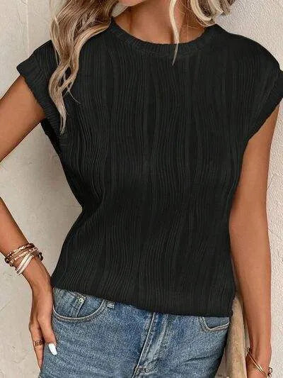 Textured Round Neck Cap Sleeve T-Shirt Women's T-Shirts - Tophatter Daily Deals