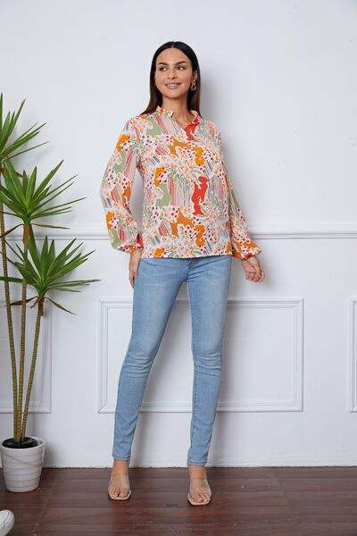 Floral Frill Notched Long Sleeve Blouse Blouses - Tophatter Daily Deals