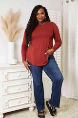 Zenana Full Size Long Sleeve Round Neck Round Hem Top Women's T-Shirts - Tophatter Daily Deals