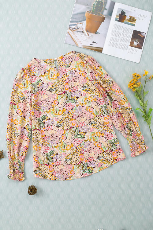 Floral Print Long Puff Sleeve Blouse - Tophatter Deals