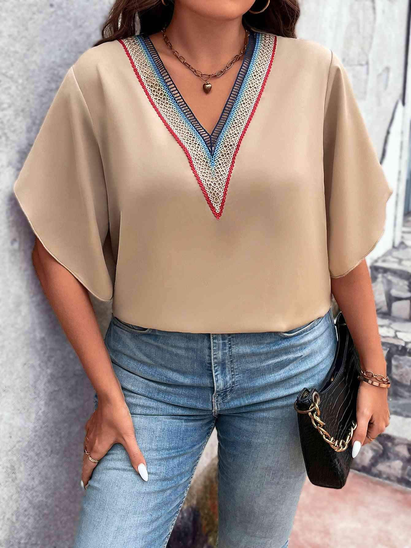 Plus Size V-Neck Flutter Sleeve Blouse Blouses - Tophatter Daily Deals