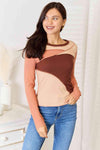 Double Take Color Block Exposed Seam Long Sleeve Top Chestnut Blouses - Tophatter Daily Deals