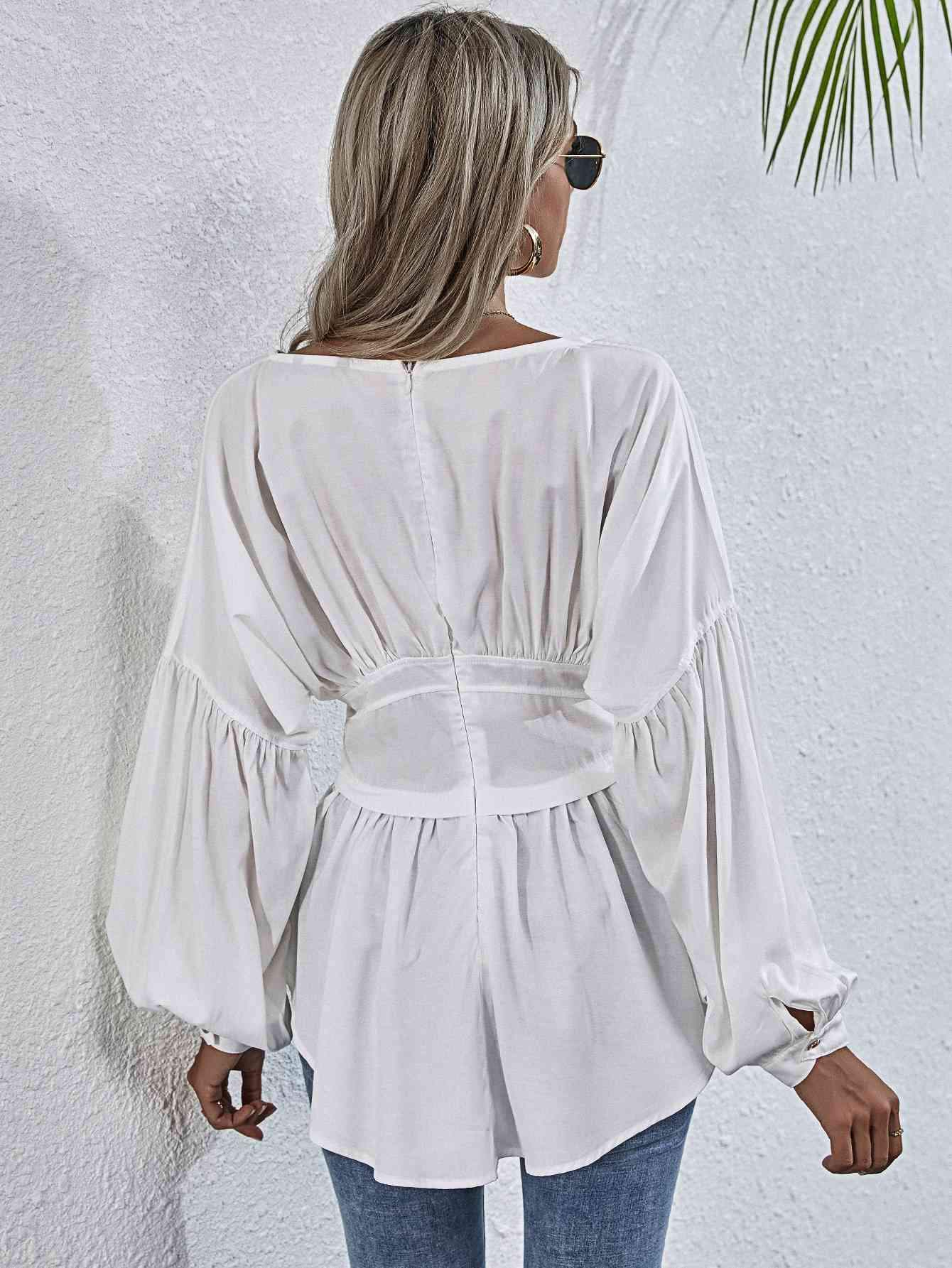 Exposed Seams Round Neck Dropped Shoulder Blouse Blouses - Tophatter Daily Deals