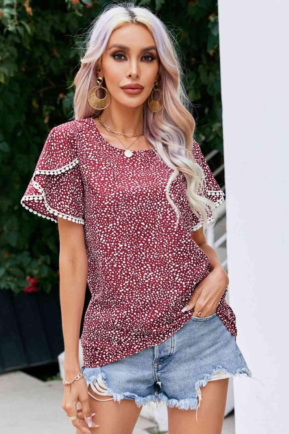 Printed Pom Pom Detail Petal Sleeve Blouse Blouses - Tophatter Daily Deals