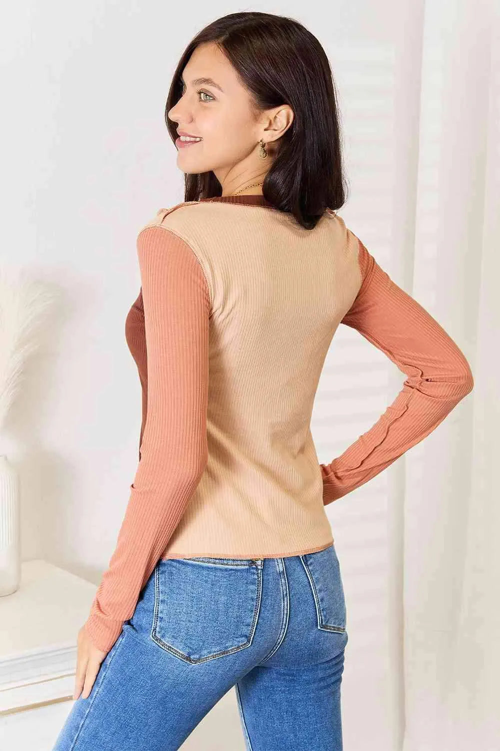 Double Take Color Block Exposed Seam Long Sleeve Top Blouses - Tophatter Daily Deals