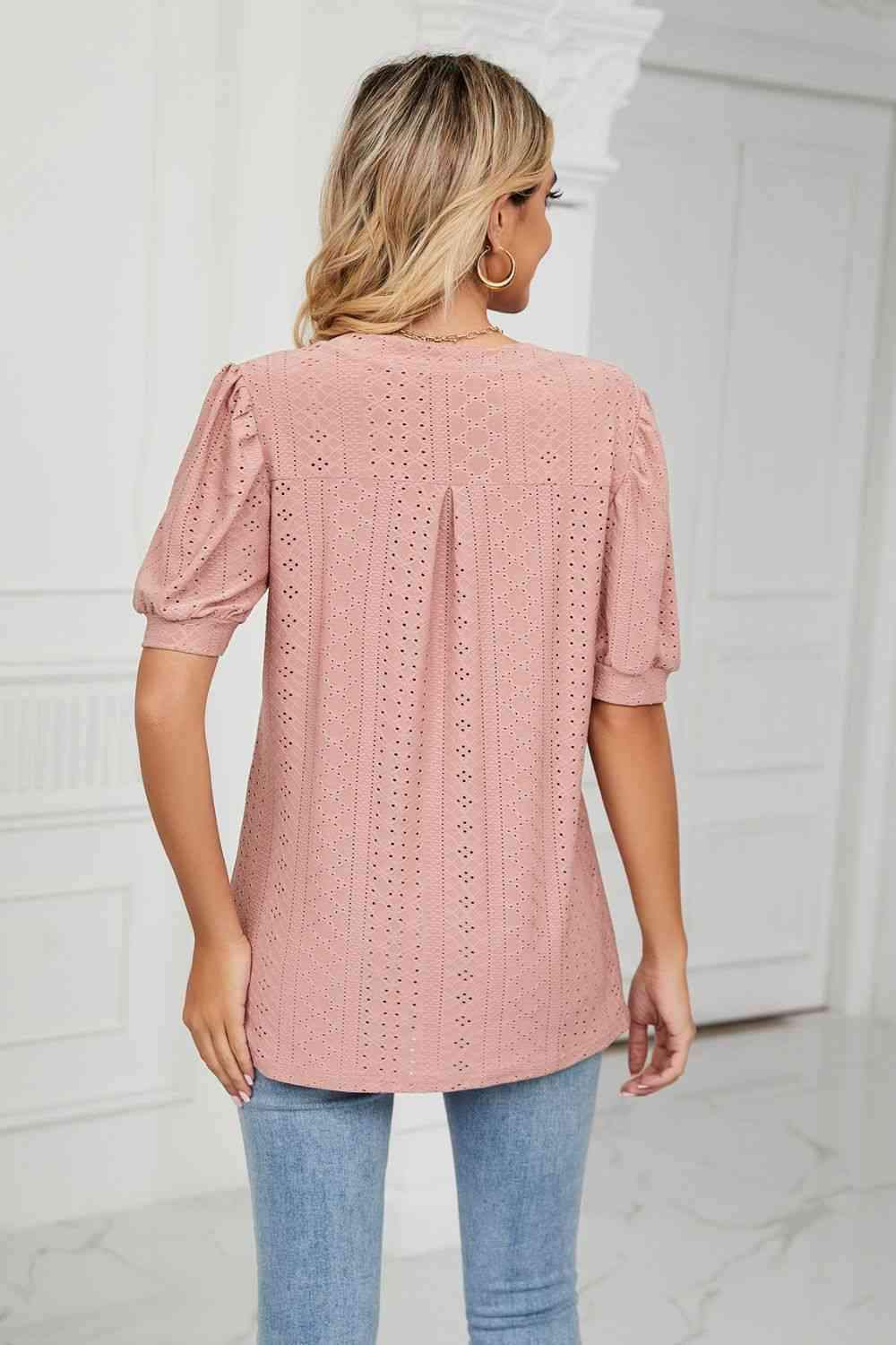 Eyelet Short Puff Sleeve Notched Neck Top Blouses - Tophatter Daily Deals