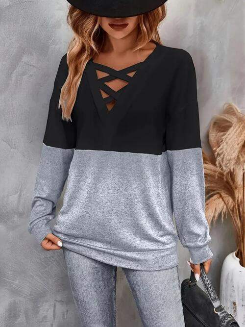 Contrast Crisscross V-Neck Long Sleeve Top Charcoal Women's T-Shirts - Tophatter Daily Deals