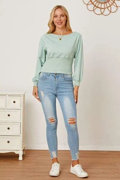 Boat Neck Lantern Sleeve Blouse Blouses - Tophatter Daily Deals