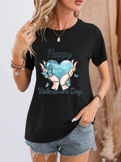 HAPPY VALENTINE'S DAY Round Neck Short Sleeve T-Shirt Black Women's T-Shirts - Tophatter Daily Deals