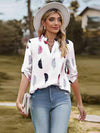 Printed Roll-Tab Sleeve Notched Neck Blouse White Blouses - Tophatter Daily Deals