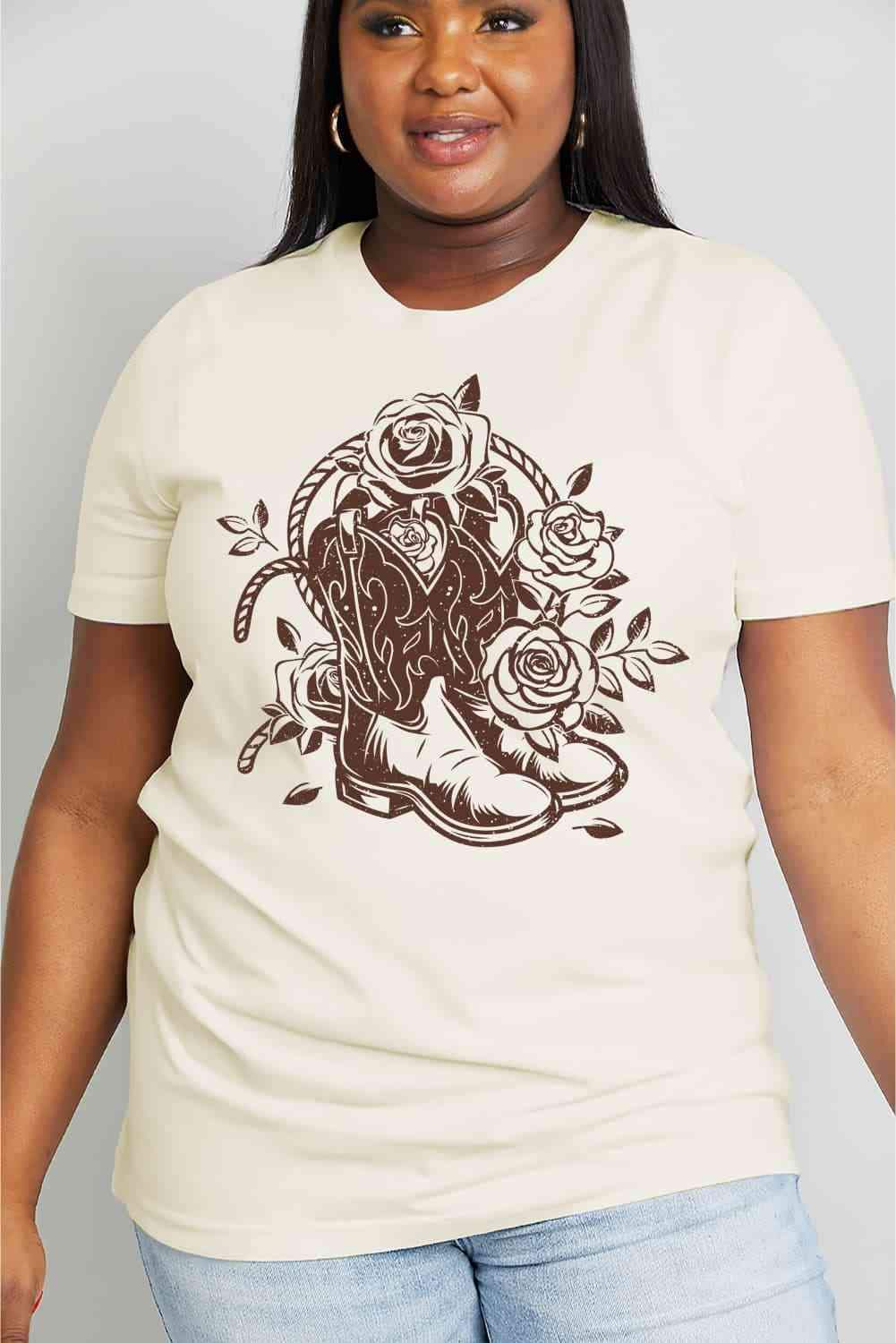 Simply Love Full Size Cowboy Boots Flower Graphic Cotton Tee - Tophatter Daily Deals