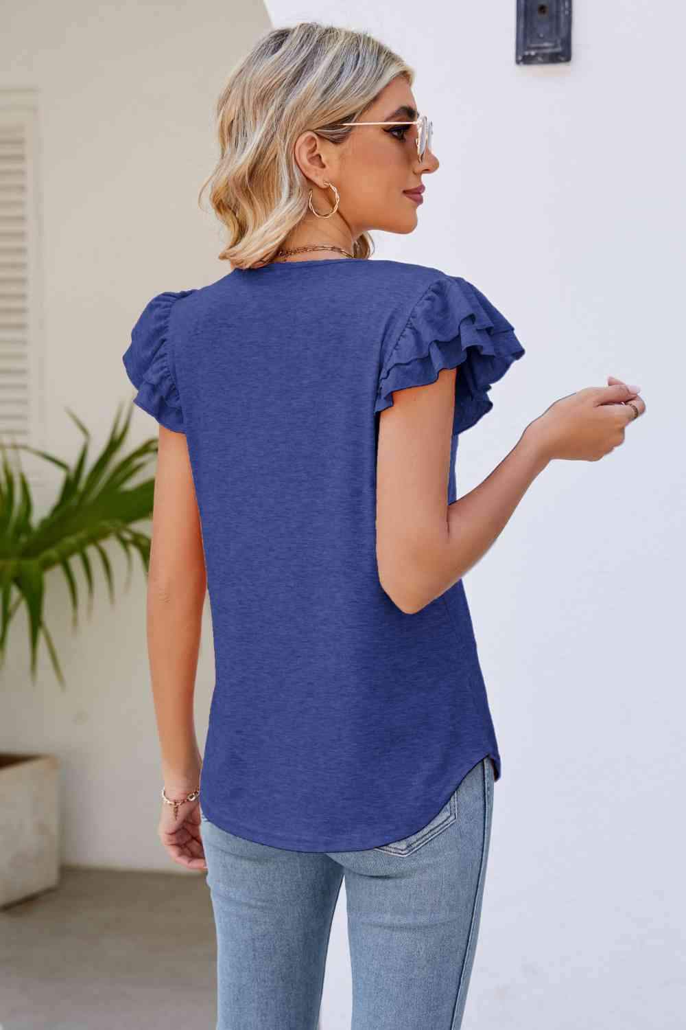 Smocked Flutter Sleeve V-Neck Top Blouses - Tophatter Daily Deals