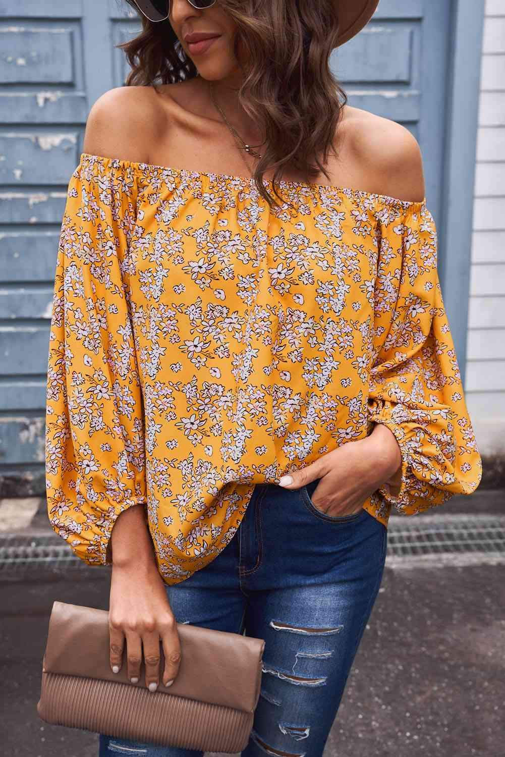 Off-Shoulder Balloon Sleeve Top Yellow Blouses - Tophatter Daily Deals