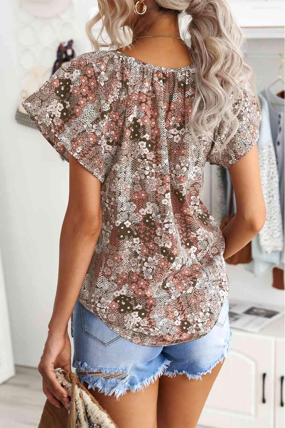 Floral Flutter Sleeve Tie-Neck Blouse Blouses - Tophatter Daily Deals