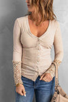 Spliced Lace Sleeve Ribbed Top Blouses - Tophatter Daily Deals