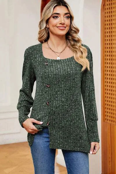 Decorative Button Square Neck T-Shirt Green Women's T-Shirts - Tophatter Daily Deals