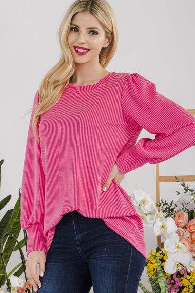 Celeste Full Size Striped Round Neck Lantern Sleeve Top FUCHSIA Blouses - Tophatter Daily Deals