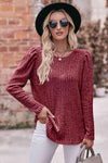 Double Take Round Neck Puff Sleeve Ribbed Top Cerise Blouses - Tophatter Daily Deals