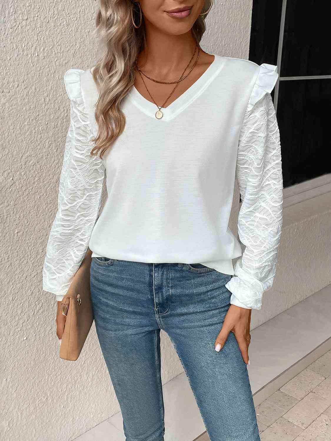 Textured V-Neck Long Sleeve Top White Women's T-Shirts - Tophatter Daily Deals