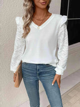 Textured V-Neck Long Sleeve Top White Women's T-Shirts - Tophatter Daily Deals