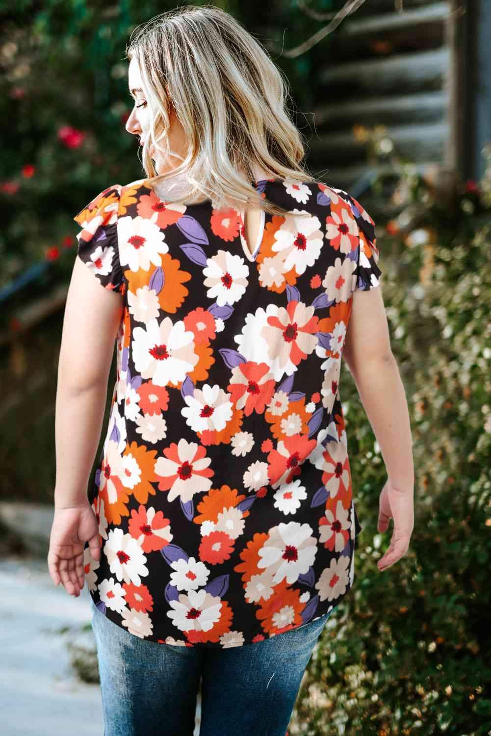 Plus Size Floral Flutter Sleeve Round Neck Top Blouses - Tophatter Daily Deals