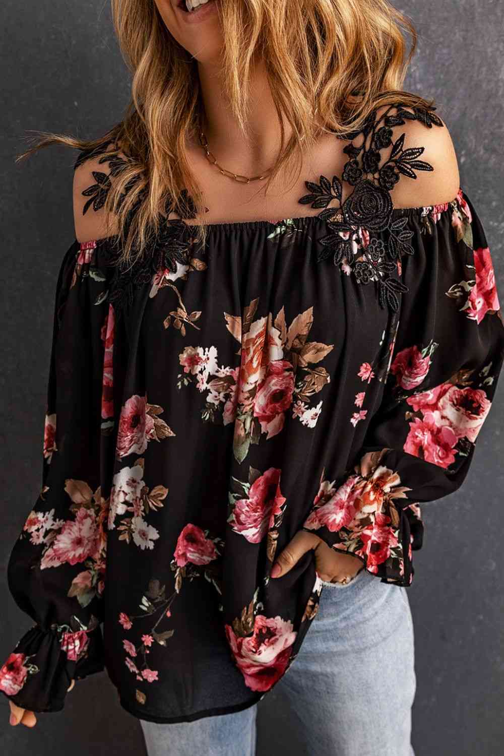 Floral Lace Cold-Shoulder Flounce Sleeve Blouse - Tophatter Deals