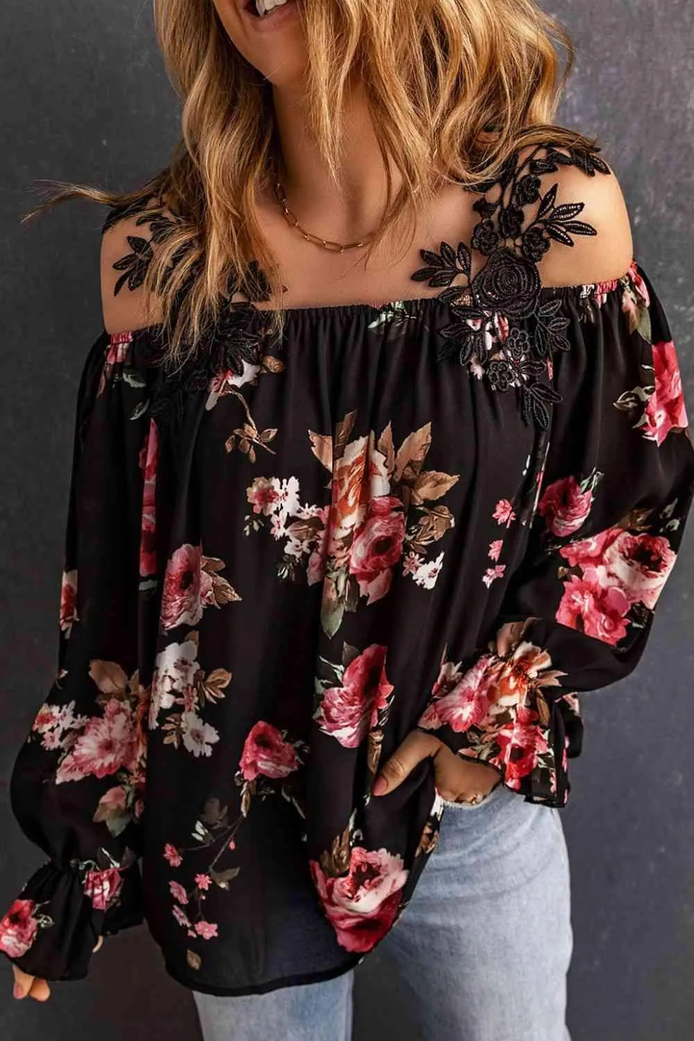 Floral Lace Cold-Shoulder Flounce Sleeve Blouse Black Blouses - Tophatter Daily Deals