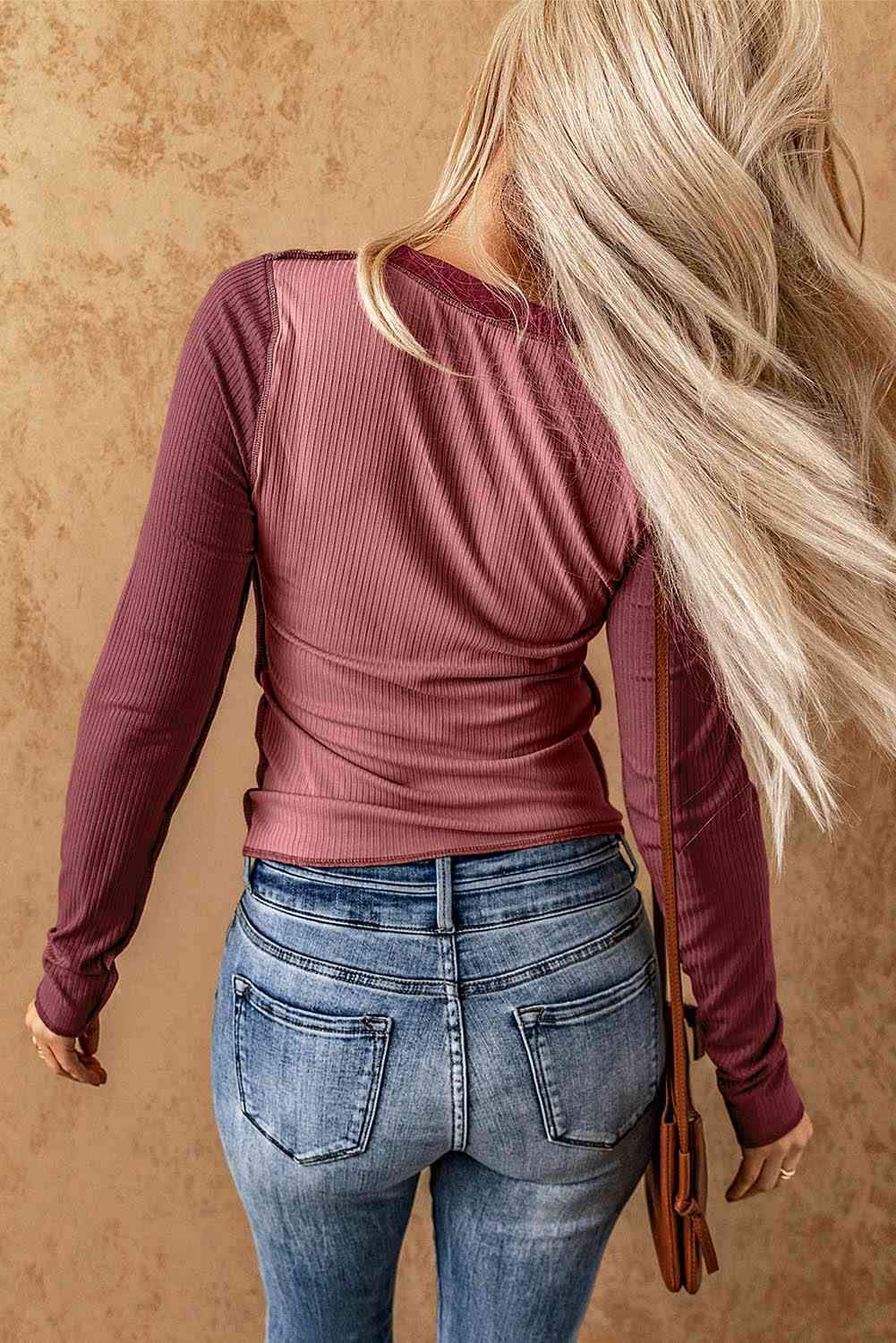 Color Block Exposed Seam Long Sleeve Top Blouses - Tophatter Daily Deals