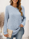 Ribbed Round Neck Long Sleeve T-Shirt Misty Blue Women's T-Shirts - Tophatter Daily Deals