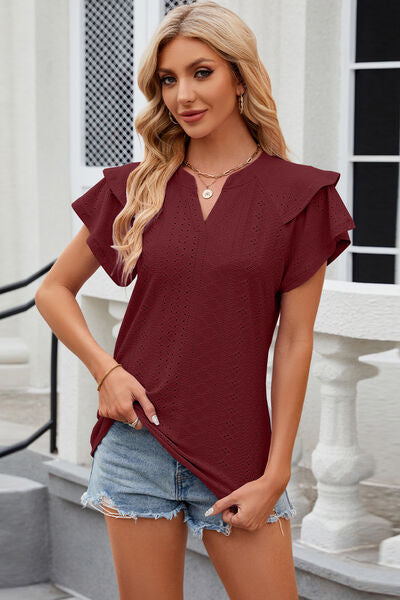 Eyelet Notched Short Sleeve T-Shirt Wine Women's T-Shirts - Tophatter Daily Deals