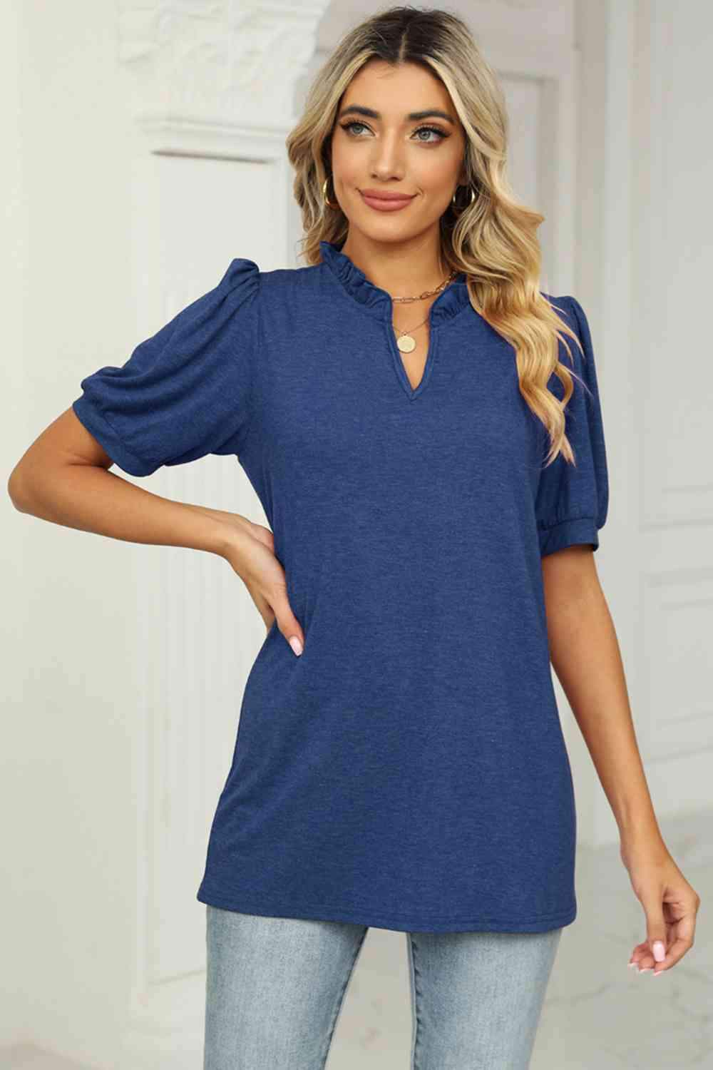 Notched Neck Puff Sleeve T-Shirt Women's T-Shirts - Tophatter Daily Deals