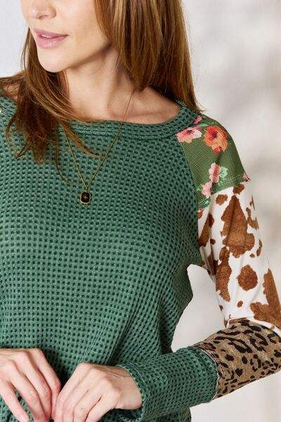 Hailey & Co Full Size Waffle-Knit Leopard Blouse Blouses - Tophatter Daily Deals