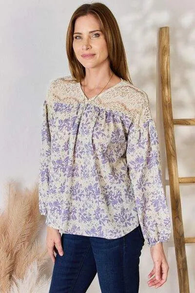 Hailey & Co Full Size Lace Detail Printed Blouse Blouses - Tophatter Daily Deals