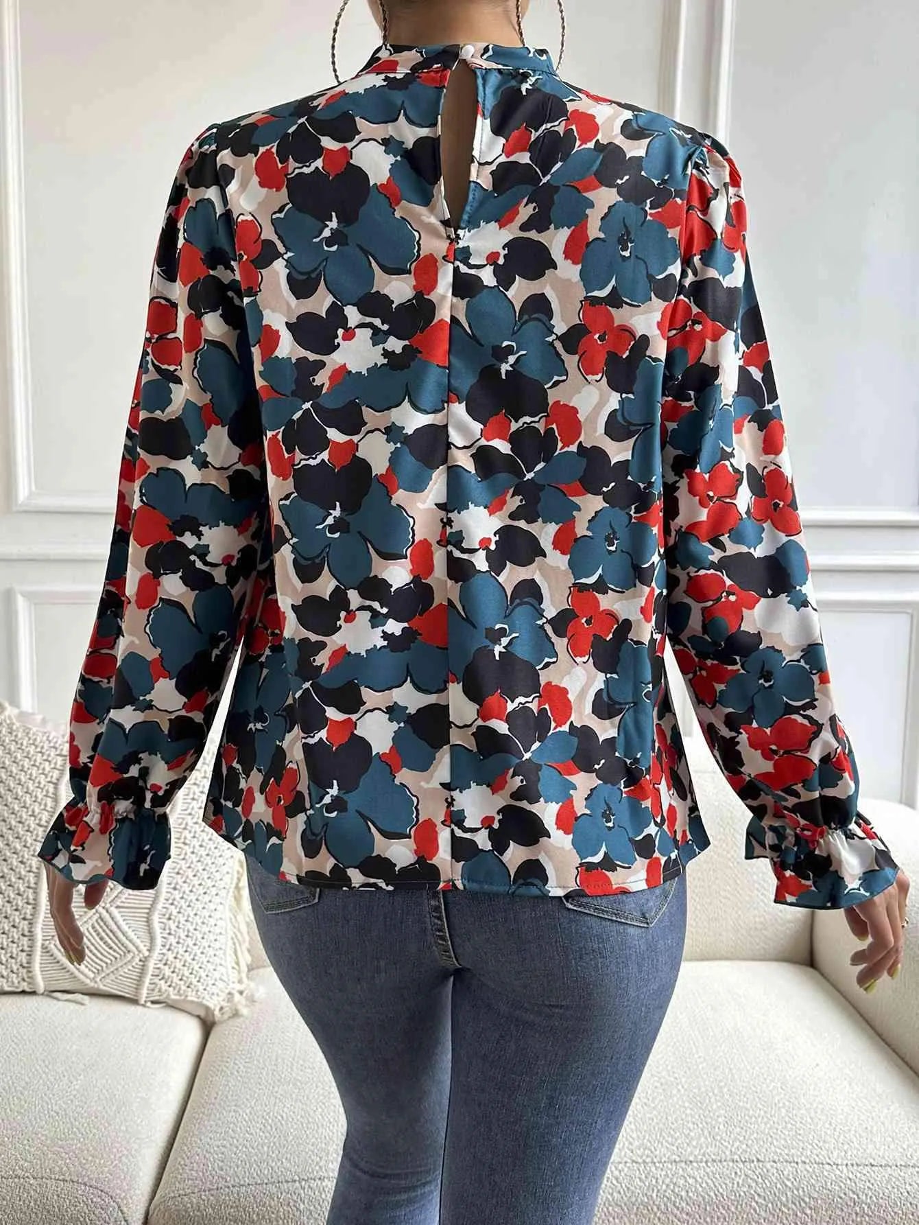 Floral Mock Neck Long Flounce Sleeve Blouse Blouses - Tophatter Daily Deals