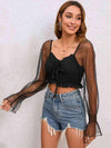 Drawstring Flounce Sleeve Cropped Top Blouses - Tophatter Daily Deals