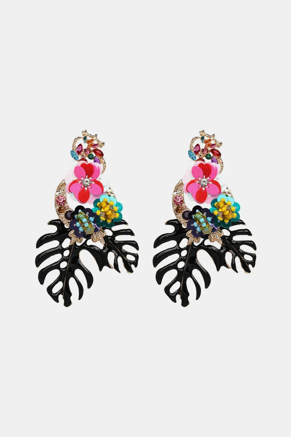 Leaf & Flower Shape Zinc Alloy Dangle Earrings Black One Size Earrings - Tophatter Daily Deals