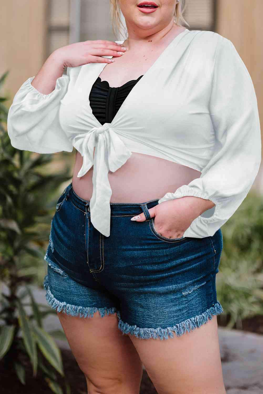 Plus Size Tie Front Crop Top Blouses - Tophatter Daily Deals