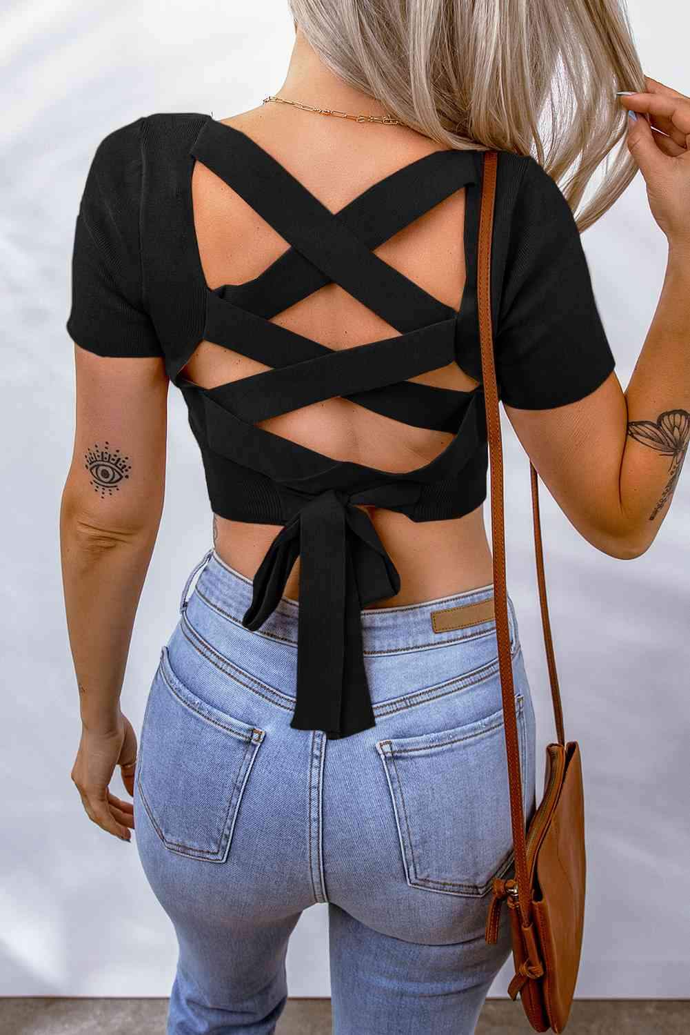 Lace-Up Square Neck Crop Top Blouses - Tophatter Daily Deals