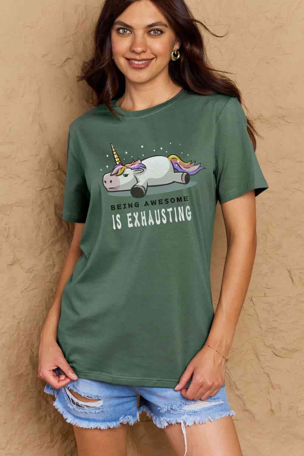 Simply Love Full Size BEING AWESOME IS EXHAUSTING Graphic Cotton Tee Green Women's T-Shirts - Tophatter Daily Deals