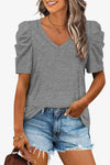 V-Neck Puff Sleeve Tee Mid Gray Women's T-Shirts - Tophatter Daily Deals