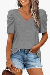 V-Neck Puff Sleeve Tee Mid Gray Women's T-Shirts - Tophatter Daily Deals