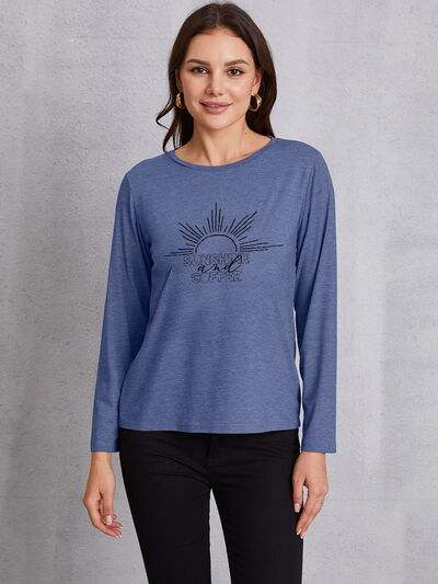 SUNSHINE COFFE Round Neck Long Sleeve T-Shirt Dusty Blue Women's T-Shirts - Tophatter Daily Deals